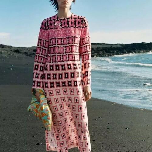 Women Vintage Contrast Color Geometric Print Side Split Shirt Dress Femme Long Sleeve Casual Straight Robe