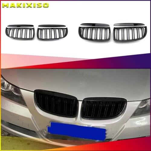 1 Pair Gloss Matt Black M Color 2 Line Front Kidney Grille Grill Double Slat For BMW E90 E91 3 Series 320i 325i 328i 2005-2008