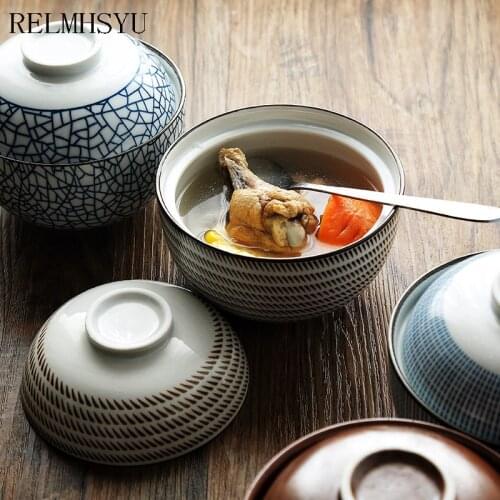 1PC RELMHSYU Japanese Style Ceramic Underglaze Rice Stewed Soup Instant Noodles Dinner Bowl With Lid Tableware