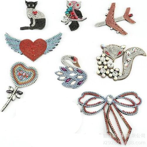 2pcs/lot 3d Crystal Diamond Embroidery Patch Woman Shirt Clothing Decoration Fox Cat Butterfly Swan Wing Heart Bow Plane Flower