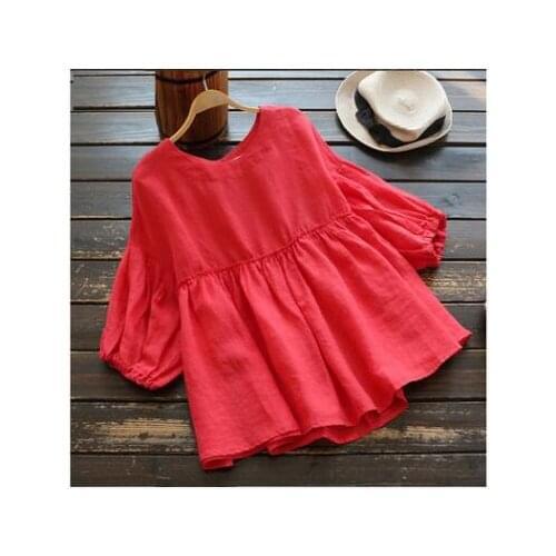 30pcs/lot fedex fast korean style woman casual solid cotton linen blouse female lantern sleeve top