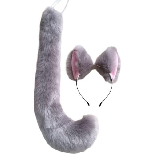Adult Kids Anime Solid Color Plush Cat Wolf Cosplay Props Fluffy Animal Ears Bandana Hair Hoop Long Tail Halloween Lolita 094B