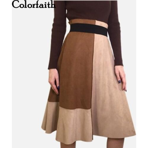Colorfaith 2018 Women Suede Midi Skirt Autumn Winter Vintage Patchwork Pleated Elegant Ladies Skirt High Waist Femininas SK5549