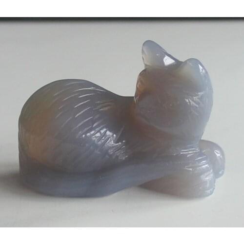 Hand Carved gemstone Grey Agate cat Figurine Animal Carving