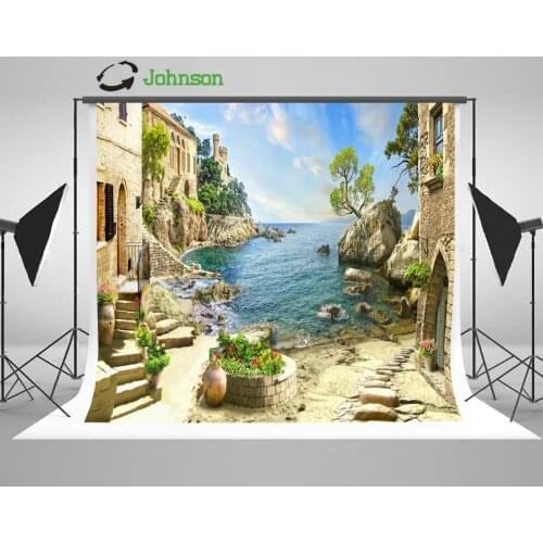 Sea Beach Coastal Patio Flower Leaves Village Backgrounds polyester or Vinyl cloth Computer print wedding backdrops