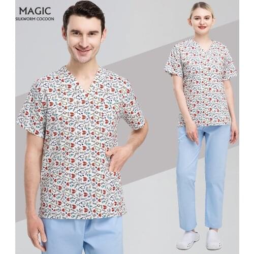 Unisex Cute Cartoon Print Nursing Scrubs Tops T-Shirt Casual Short Sleeve Scrubs Medical Doctor Spa Uniforms Nurse V-neck Pocket