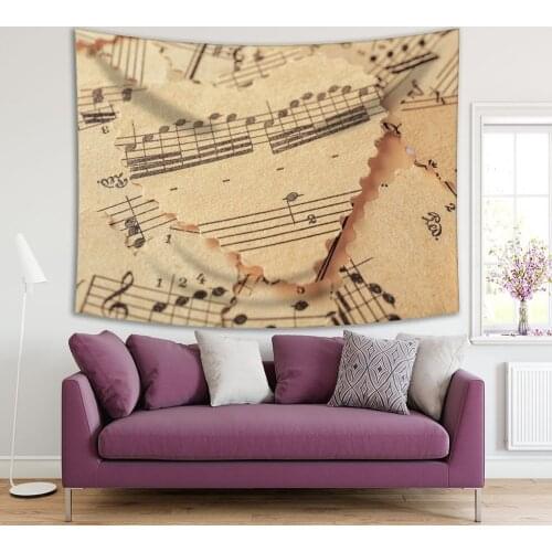 Tapestry Paper Hearts With Notes Music Concept Classic Decorative Art Printed Beige