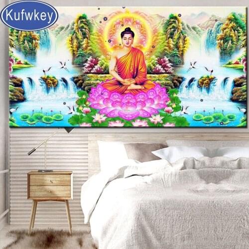 China Buddha 3D picture mosaic full embroidery diamond painting sale beautiful waterfall lotus landscape painting large decor