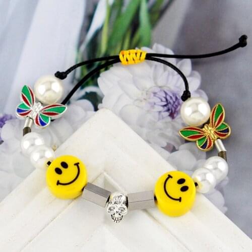 Butterfly Smiley Cool Skull Pearl Bracelet Skull ROCKY-Approved Hip Hop Street Dance Men and Women Couple Smiley Pearl Bracelets