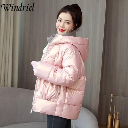 Windriel Hooded Winter Warm Jackets Women Glossy Fashion Coat High Street Wear Snow Cotton Padded Clothing Students Parkas