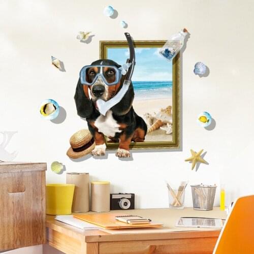 Cartoon Cute 3D Diving Dog Summer Fresh Wall Stickers For Kids Rooms Marine Beach Shell Decoration Bedroom Living Room Art