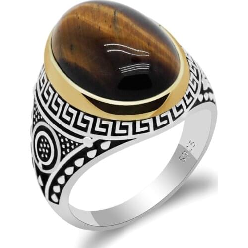 925 Sterling Silver Natural Tiger Eyes Stone Rings for Male Women Turkish Vintage Jewelry Man Ring with Agate Gift