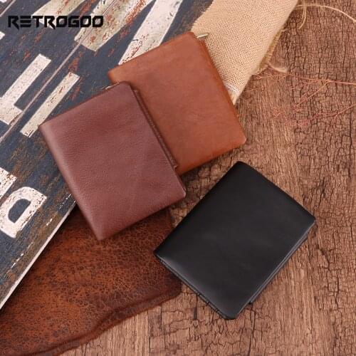 RETROGOO RFID Blocking Mens Wallet Vintage Cow Genuine Leather Wallet Male Handmade Billfold Coin Purse Short Wallets carteira