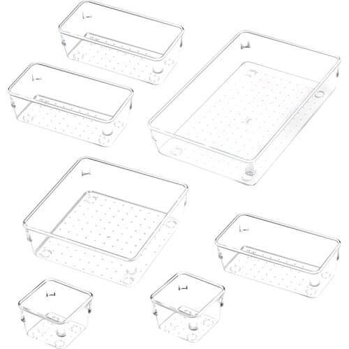 Set of 7 Desk Drawer Organiser Trays with 4-Size Clear Plastic Storage Boxes Divider Make-Up Organiser for Office
