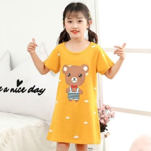Kids Girls Night Dress Summer Cotton Cartoon Yellow Bear Print Sleepwear Girl Princess Nightgown Children Korean Clothing Pajama