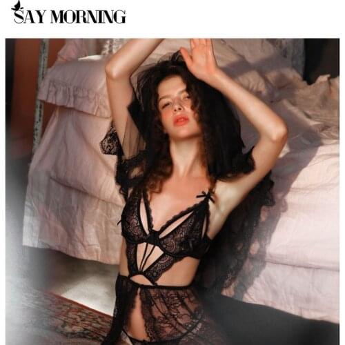 SAY MORNING Cutout Bra Tulle Dress Wedding Nightdress Women Embroidered Sleepwear Sets Slit Temptation Backless Strapped Dress