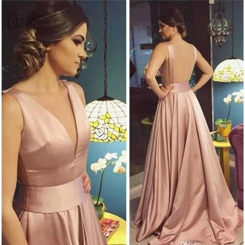 Sexy Deep V-Neck A-Line Prom Dresses Rose Gold Backless Court Train Long Special Occasion Party Gowns Simple Evening Dress