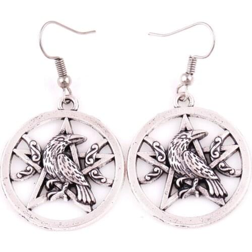 Antique Silver Raven Moon Phase Pentagram Earrings Dark Moon Morrigan Crow Mag Charms for Woman Jewelry Free Shipping