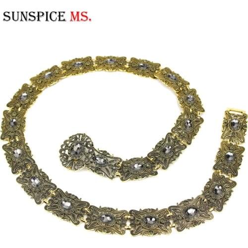 Sunspicems Vintage Moroccan Caftan Belt for Women Round Crystal Metal Link Chain Arab Ethnic Wedding Jewelry