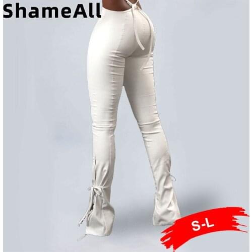 Street Lace Up Red Faux PU Leather Flare Pants Y2K Sexy Hollow Bandage Waist Club Wear Punk Slim Fit White Wide Leg Bell Bottoms