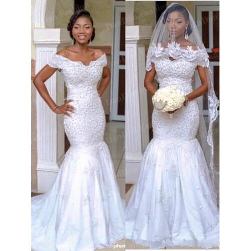 Vintage African Wedding Dress 2021 Off Shoulder Pearls Bridal Dresses Backless Lace Arabic Wedding Gown Plus Size Bride Dressess