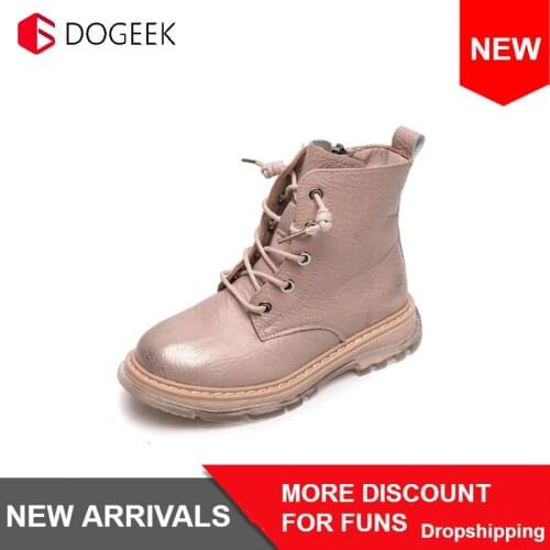 DOGEEK Waterproof Girls Martin Boots Winter New Fashion Children Plus Velvet Leather Boots Boys Boots British Wind Short Boots