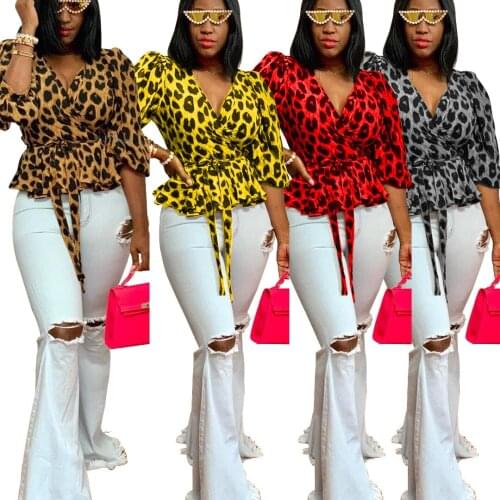 Womens Casual Leopard Print Deep V-neck Half Sleeve Bow Tie Front Slim Tunics Blouse Shirt Women Clothing