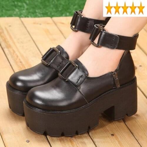 Platform New Genuine Leather Woman Fashion Block High Heel Punk Shoes Black Pumps Vintage Round Toe Zapatos De Mujer 2021