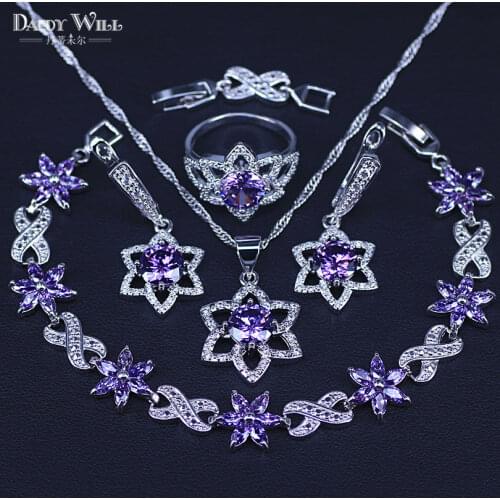 Purple Cubic Zircon Silver Color Bridal Costume Jewelry Sets For Women Bracelet Earrings Necklace Pendant Rings Set