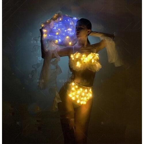 Female Bikini Gauze Gogo Dance Stage Performance LED Suit Nightclub Singer Festival Rave Outfits Pole Dance Clothing DWY5670