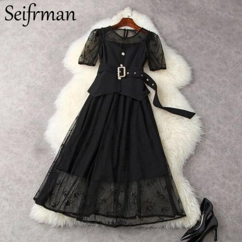 Seifrmann New 2021 Summer Women Fashion Runway 2 Pieces Set Single Breasted Sexy Cami + High Waist Black Lace Midi Mesh Dresses