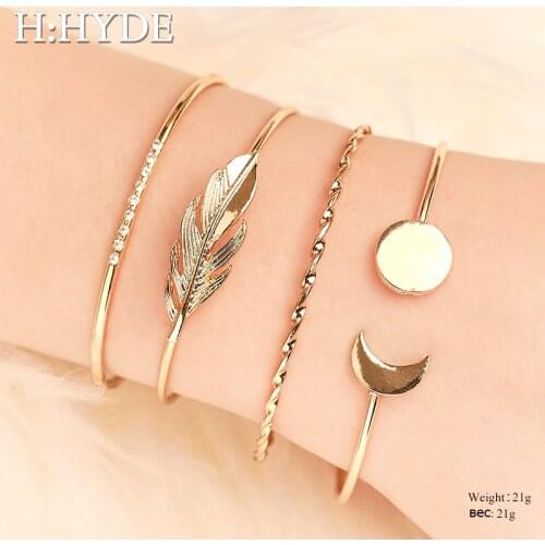 H:HYDE 4 Pcs/set Women Fashion Crystal Leaves Arrow Knot Geometric Chain Gold Bracelet Set Bohemian Vintage Bangles Jewelry
