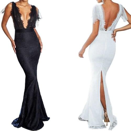 Plus Size Women Mermaid Dress Deep V-neck Sleeveless Slit Back Sexy Transparent Lace Party Dress 2020 Brand New Vestidos Mujer
