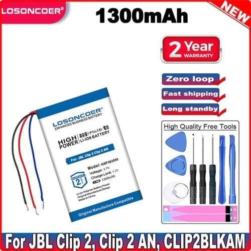 LOSONCOER 1300mAh GSP383555 Battery For JBL Clip 2, Clip 2 AN, CLIP2BLKAM CS056US P04405201 P044052 Free tools Stand Holder