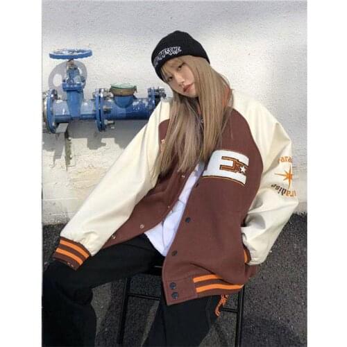2021 new unisex baseball jacket bomber woman jacket hip hop furry bone patchwork color block jacket mens Harajuku streetwear