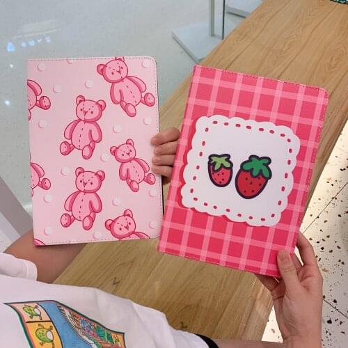 Cherry Stuffed Bear Fruit Strawberry Soft Tablet Protective Case For iPad Air 1 2 3 Mini 4 5 Pro 2017 2018 2019 2020 Cover