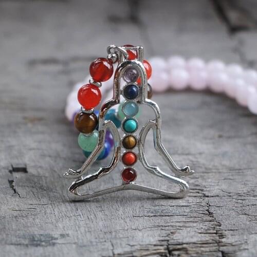 Classic Natural Stone 7 Chakras Bead Necklace For Women Girls 8MM Rose Quartzs Energy Yoga Pendant Healing Necklace