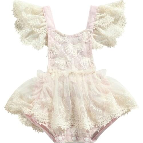 Newborn Floral Lace Romper, Baby Girls Tie-up Fringe Fly Sleeve Square Collar Backless Playsuit
