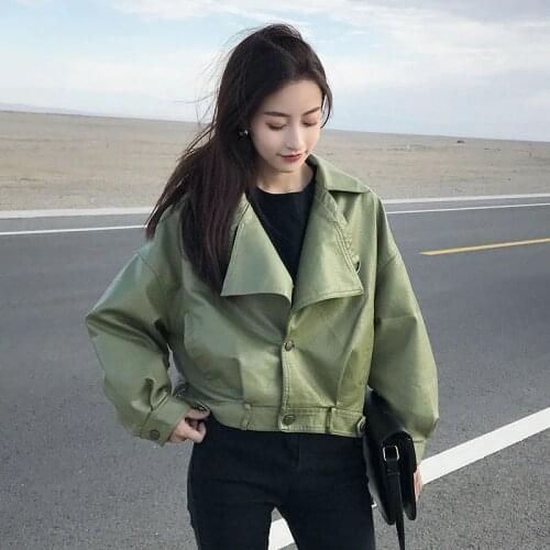 2020 Women Faux Soft Leather Motorcycle Jacket Short Biker Coat Single Breasted Big Pocket Faux Soft Leather Outwear