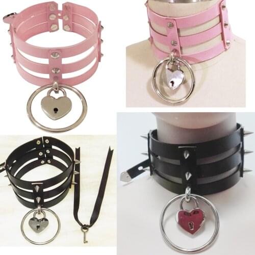 Fashion Harajuku Hot Punk Three Row Choker Goth Big O-Round Sweet heart LOCK&KEY Rivet handmade Necklaces leather Collar