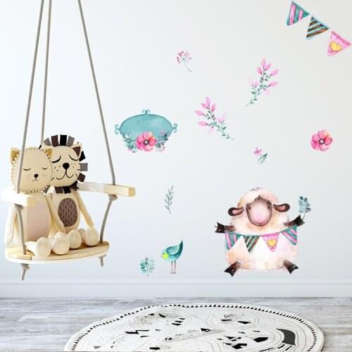 Cartoon Sheep Flowers Animal Child Wall Sticker Decorative Birds Livingroom Decoration Art Home Decor Nursery Decal Mural Poster