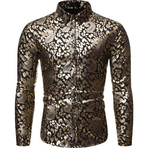 Mens Black Paisley Floral Foil Print Dress Shirts 2021 Brand Slim Fit Long Sleeve Shirt Men Busienss Casual Social Shirt Male