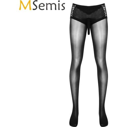 Mens Skinny Stretchy Pantyhose Lingerie Underwear Bulge Pouch See-through Lace Mesh Patchwork Tights Hosiery Sleepwear