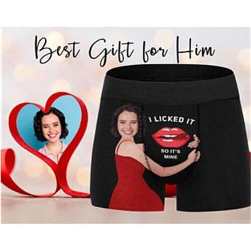 Custom Face Men Print Boxer Briefs Name Red Lip Property Personalized Printed Photo Funny Husband Gift Plus Size Underwear