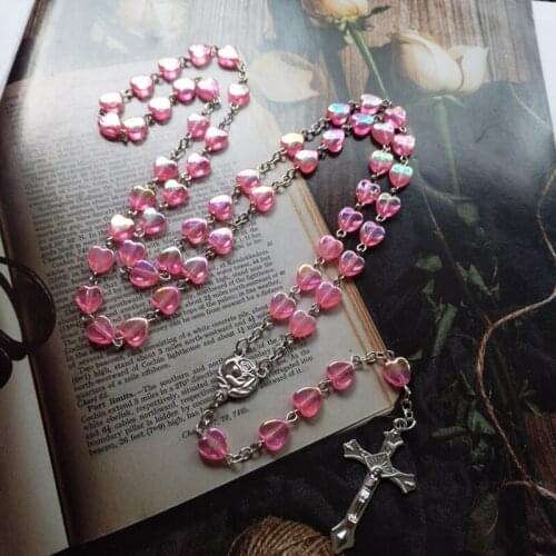2021 New Pink Crystal Wood Prayer Rosary Chain Cross Christian Jewelry Gift for Women Men