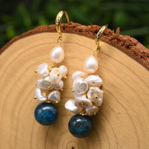 Original Natural Fresh Water Baroque White Pearl Long Drop Dangle Earrings Blue Stone Beads For Women Party Jewellery Fine Gifts