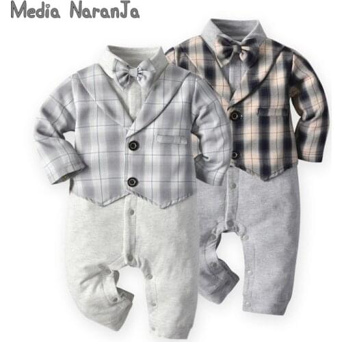 2020 Autumn Childrens Wear Gentleman Bow Tie Babys Romper Long-Sleeved Plaid Fake Two-Piece Romper Baby out Jump Suit