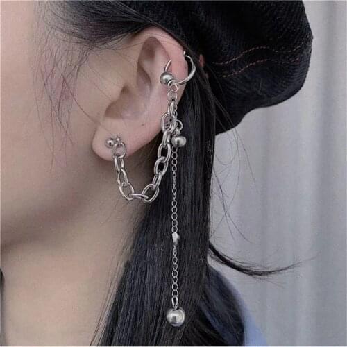 Punk Rock Silver Color Unisex Bead Chain Integrated Long Pendant Ear Bone Clip Earrings Cool Egirl Womans Men Party Jewelry