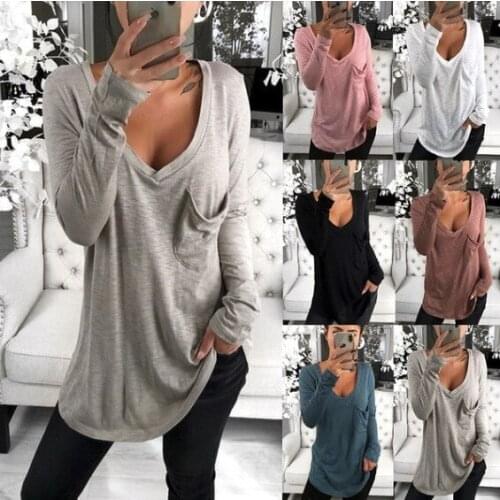 Deep V-neck Sexy Long Sleeve Solid Color T-shirt Autumn Long Fashion Casual Loose Cotton Pocket Pullover Top 2020 New Plus Size