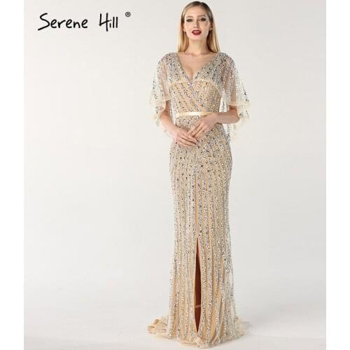 Sexy V-neck Side Split Mermaid Evening Dresses with Shawl Crystal Beads See Through Dubai Prom Gown Robe De Soiree BLA60741